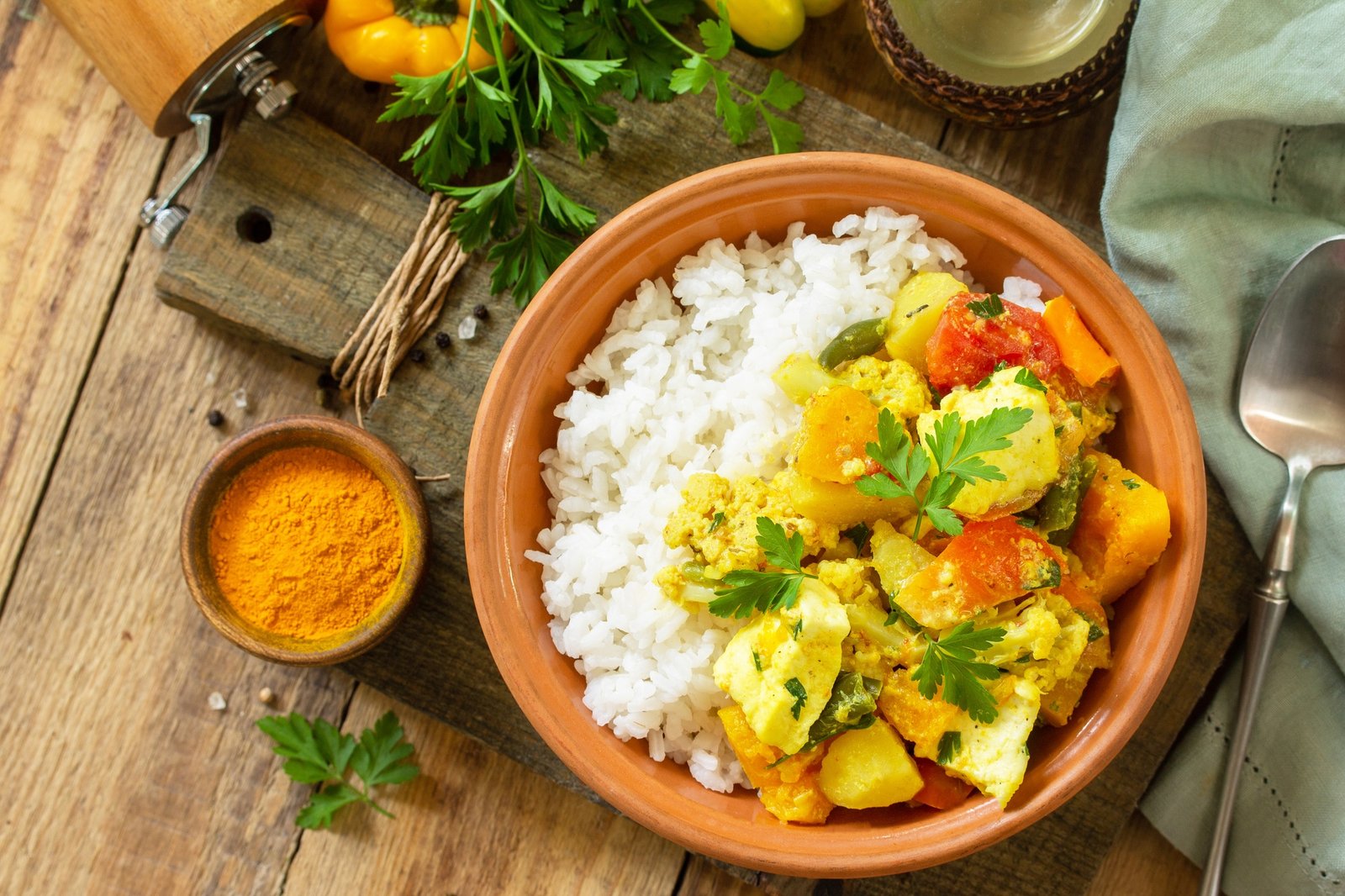 Indian cuisine dish sabji. Traditional Indian vegetable stew with soft cheese, turmeric and rice.